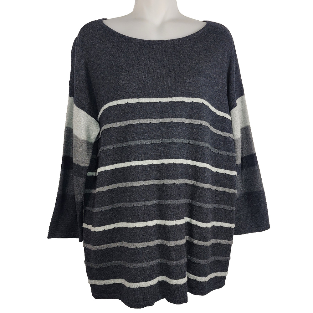 Chico's Womens Touch of Cashmere Novelty Gray Striped Sweater Pullover Basic M